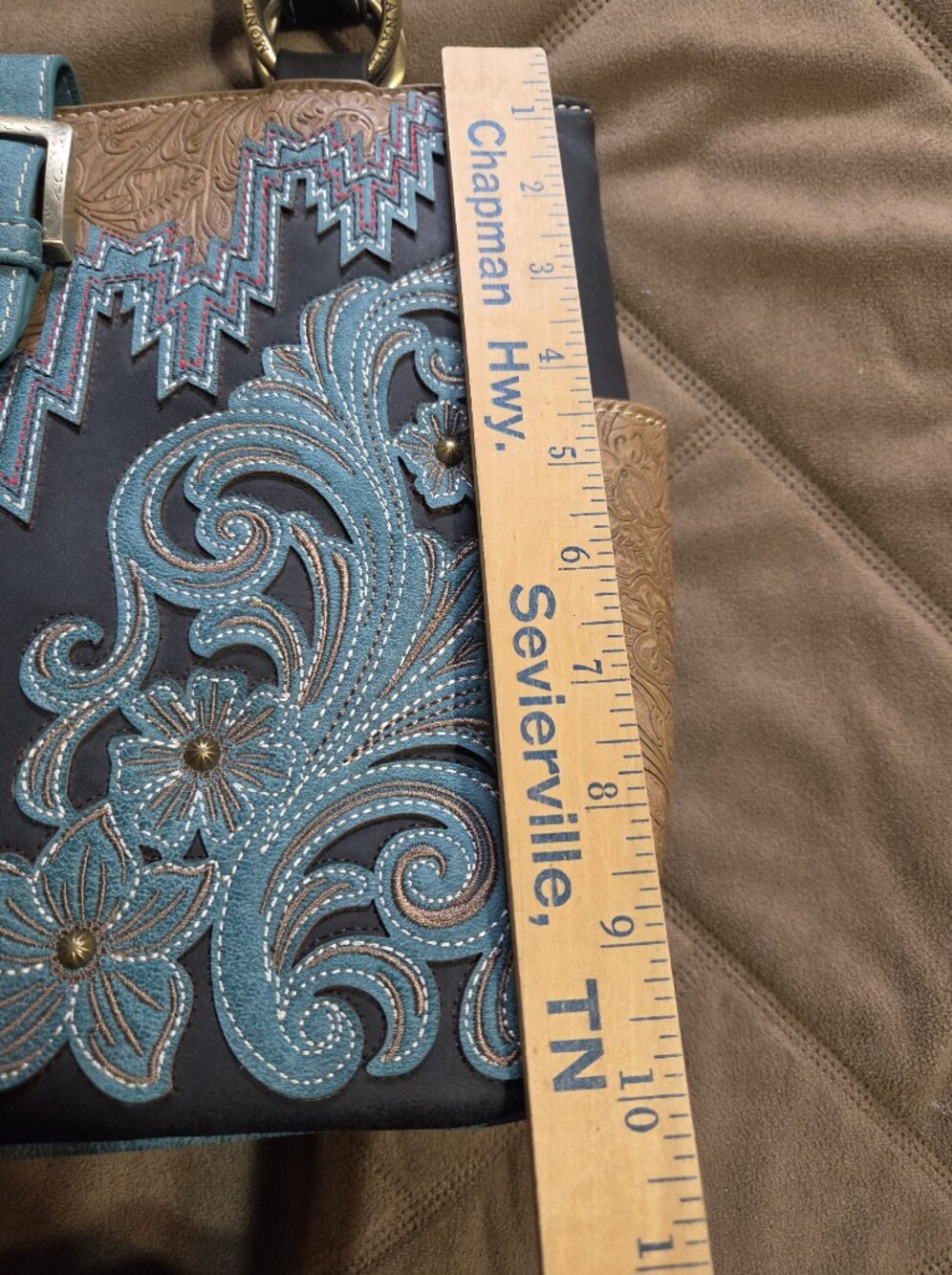 Montana West Conceal Carry Teal Tooled Floral Tote Bag with Buckle Strap - Picture 6 of 15